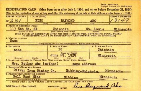 AHO-Eino Raymond-WWII-Army-reg.card