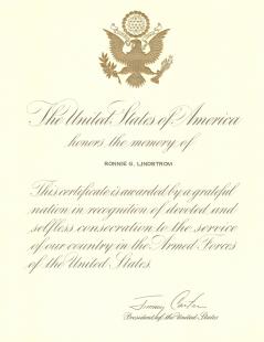 Certificate for Ronnie G. Lindstrom from Jimmy Carter.jpg