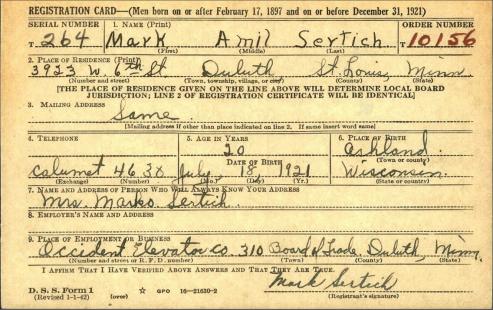 Mark Amil Sertich - WWII Vet-Registration Card