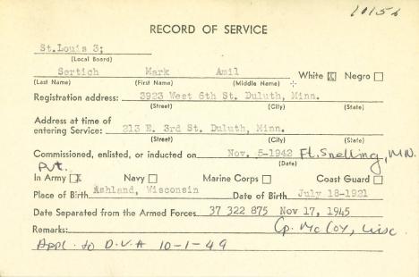 Mark Amil Sertich - WWII Vet-SLC Record of Service Card