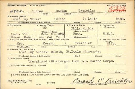 TREICHLER-Conrad Carman-WWII-USMC-reg.card
