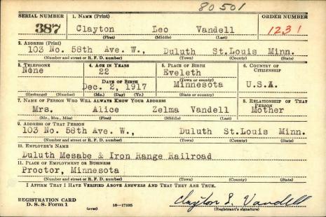 VAN DELL-Clayton Leon-WWII-Army-reg.card